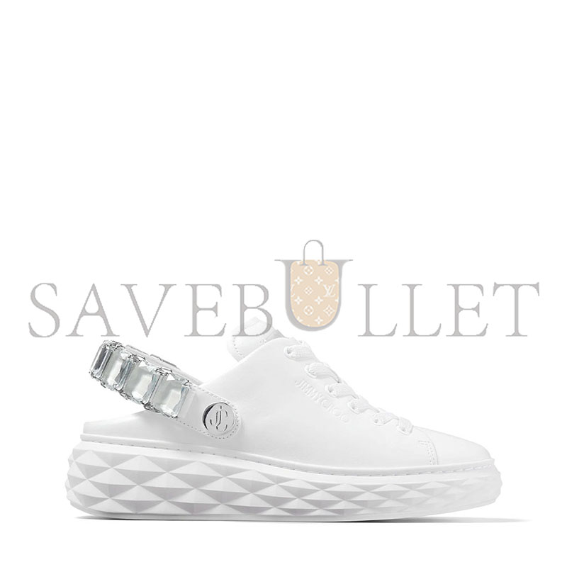 JIMMY CHOO DIAMOND SLING WHITE NAPPA LEATHER SLIPPER TRAINERS WITH CRYSTAL STRAP 